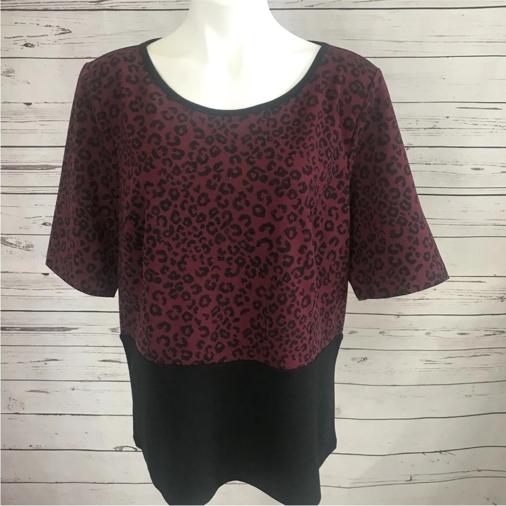 Ann Taylor Womans XXL Burgundy Wine Black Animal Print Top Blouse Zipper NWT $69
